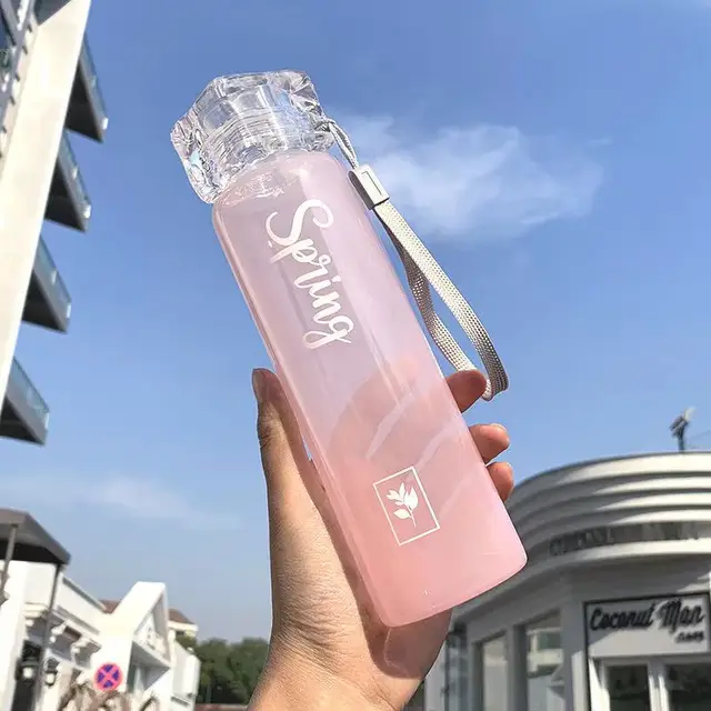 Large-capacity brief frosted heat-resistant glass water cup simple portable handle square cover printing sports outdoor cup pink