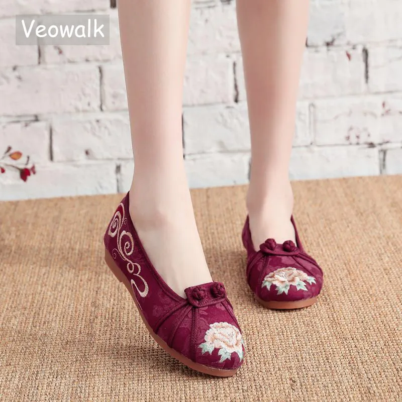 Женские Жаккардовые балетки Veowalk с цветочной вышивкой мягкие слипоны на плоской