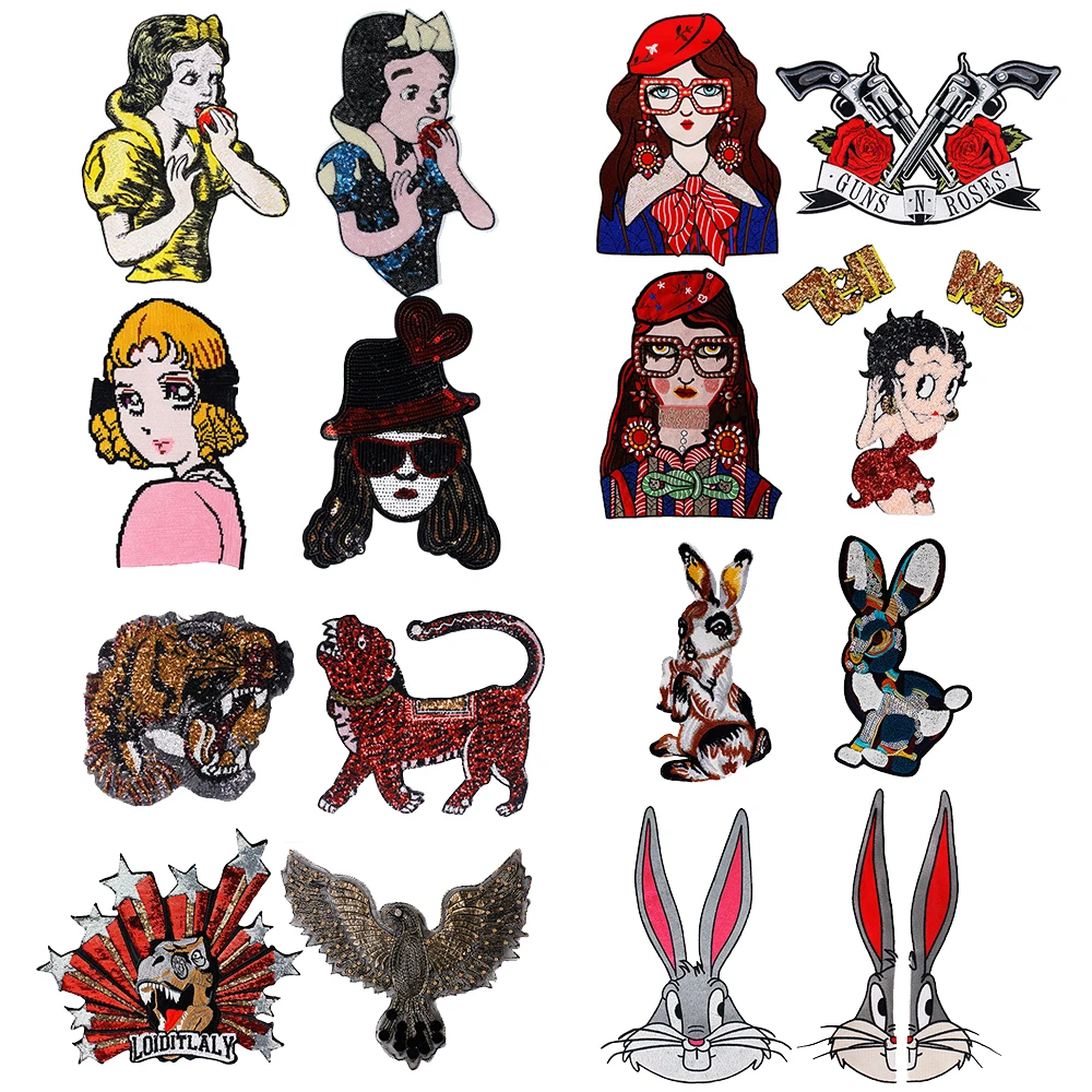 

1PC DIY Girl Patches Embroidery Tiger Eagle Rabbit Dog Sequin Fabric Whitesnow Priccess Applique Sew for Clothes Accessories