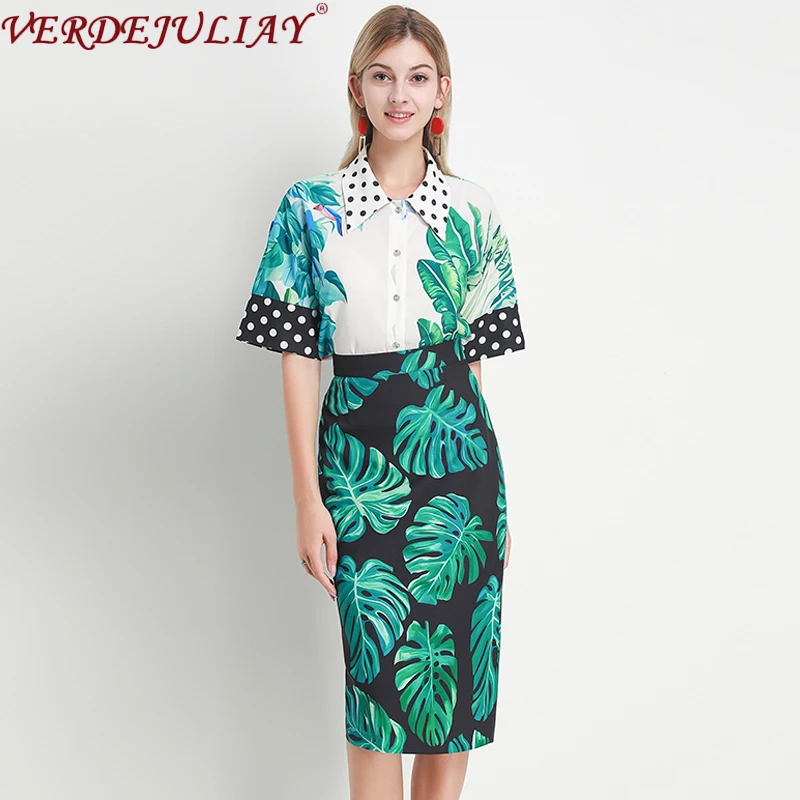 VERDEJULIAY, подиум, модные женские комплекты, весна-осень, женская рубашка с коротким рукавом и принтом в горошек+ облегающая юбка-труба, наборы