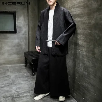 

INCERUN 2020 Men Solid Color Corduroy Sets Chinese Style Long Sleeve Cardigan Elastic Loose Pants 2 Pieces Men Vinatge Suits 5XL