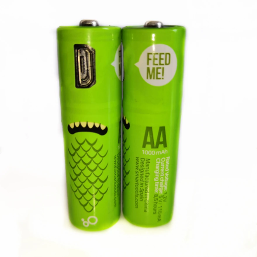 2PCS Hot new 1.2V AA rechargeable battery 1000mAh USB Ni-MH rechargeable battery with Micro-USB fast charging cable