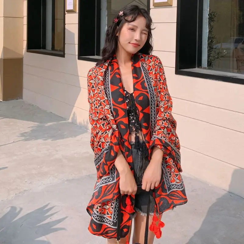 

Summer Fresh Style Women Girls Tassels Wrap Scarf Tropical Leaf Letters Print Oversized Sunscreen Beach Shawl Swimwear Cover Up