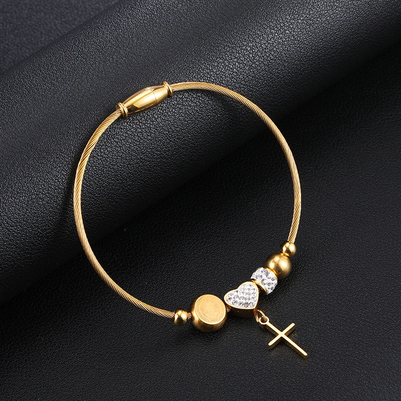 Religious Virgin Mary San Benito Medal Bangles For Women Rhinestone Heart Cross Pendant Pulseiras Feminina 4