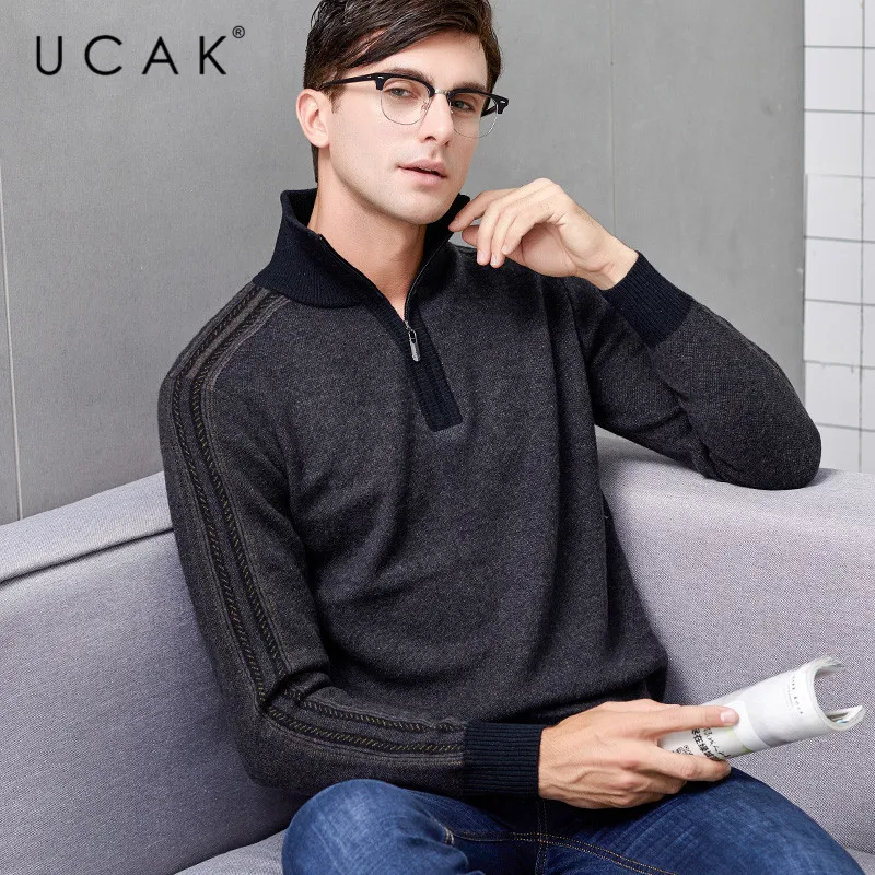 Discount UCAK Brand Sweater Men 2019 New Arrival Winter Casual Zipper Streetwear Pure Merino Wool Pullover Pull Homme Warm Sweater U3126