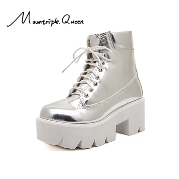 

shoes woman New Fashion Autumn and Winter punk ankle boots platform Shining punk leisure bandage wedges rubber women boots 2019