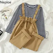 Neploe/Модные женские рубашки из двух предметов костюм с брюками на подтяжках милые повседневные свободные полосатые топы для девочек комплекты со штанами на лямках со шнуровкой 54402 Neploe/Модные женские рубашки из двух предметов костюм с брюками на подтяжках милые повседневные свободные полосатые топы для девочек комплекты со штанами на лямках со шнуровкой 54402