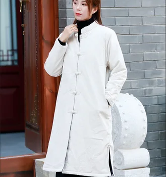 

Winter Woman Coats 2019 New Cotton and Linen Chinese Coat Retro National Style Collar Collar Buckle Parka Long Linen Coat Female