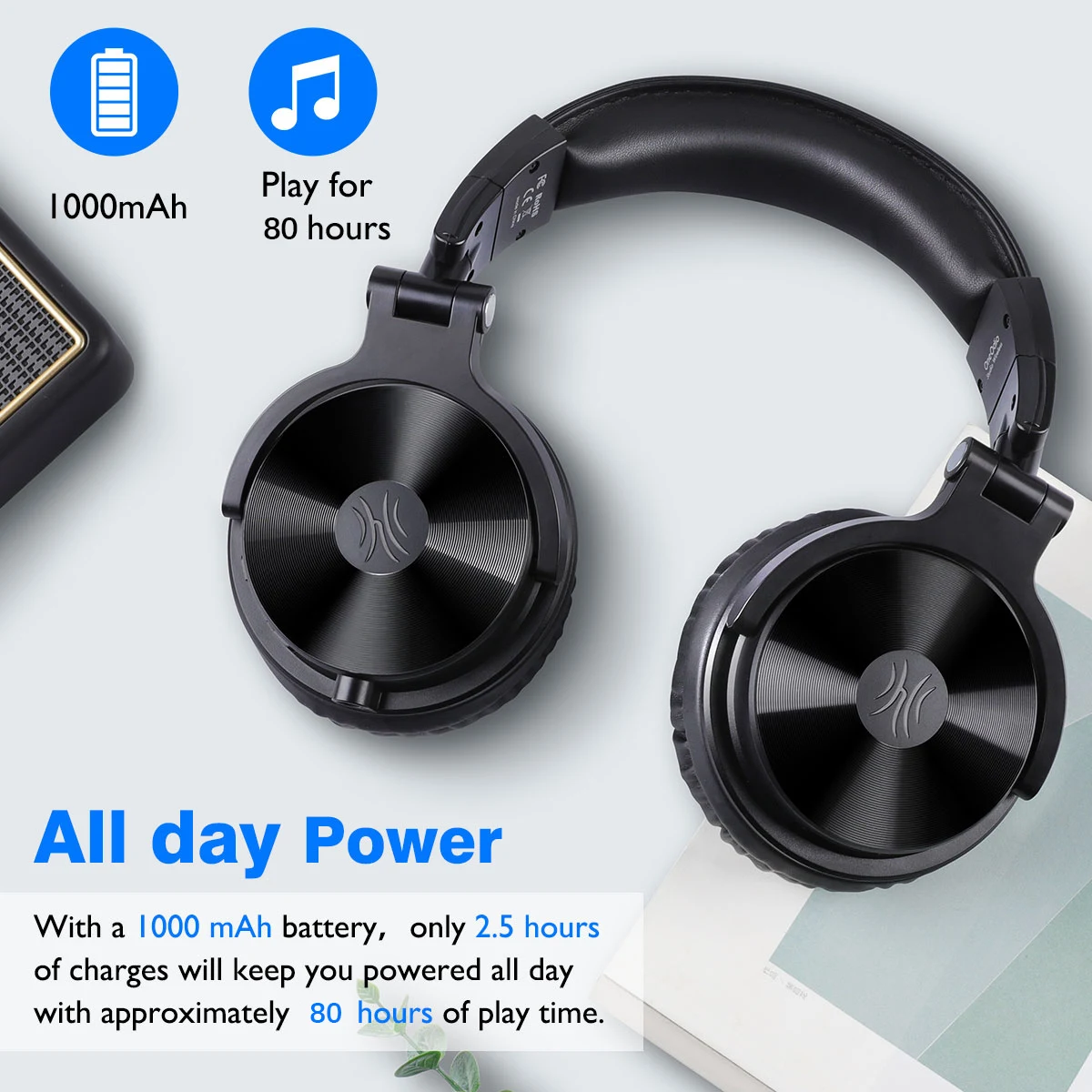 Oneodio sem Fio Fones de Ouvido com Microfone Tempo de Jogo Fones de Ouvido Estéreo para pc Bluetooth Dobrável Graves Profundos Telefone 80h V5.2 - Image 4