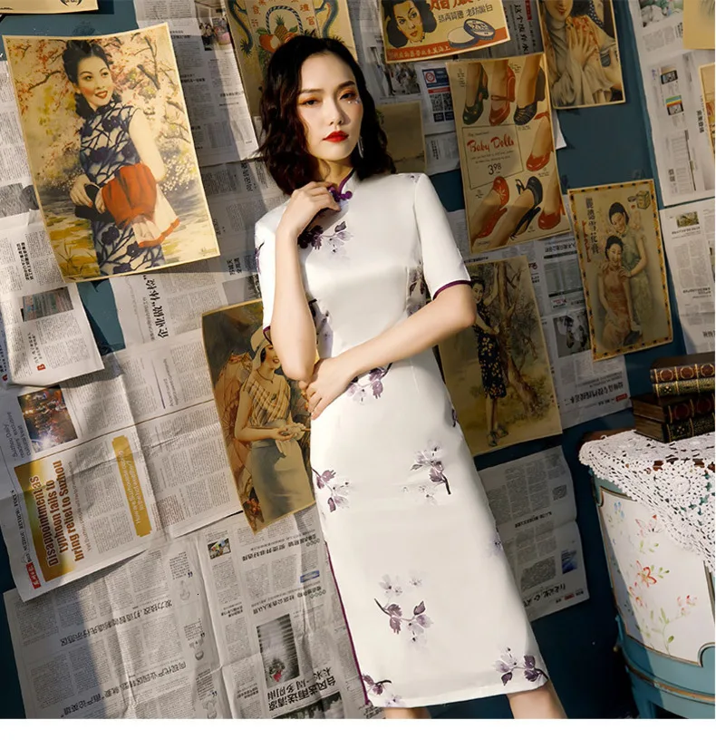 Шэн Коко фиолетовые цветы Qipao печать банкетное платье шелк cheongsam платье Восточный стиль платья леди до колен Qipao
