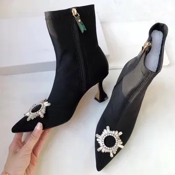 

Crystal Sunflower Shoes Women Elastic Short Ankle Boots Women Sexy Thin Heels Boots Pointed Toe Women High Heel Designer Booties