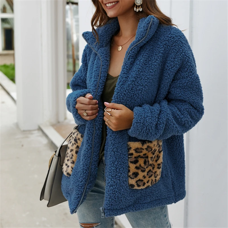 Новые женские пальто и куртки плюс размер Леопардовый карман зимние теплые флисовые пальто куртки на молнии теплое пальто для женщин - Цвет: Синий