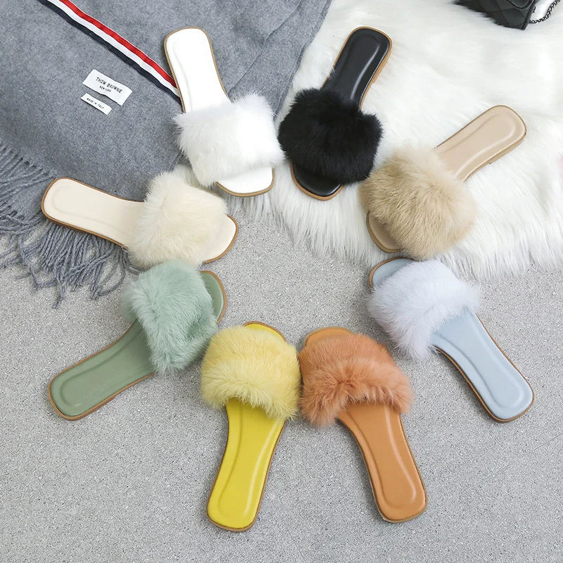 Candy Colors Fur Slides Women Slippers Flat Sandals Wild Furry For Summer Shoes 2020 New Female Free Shipping | Обувь