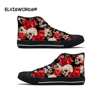 

ELVISWORDS Fashion Women's Sneakers Canvas Flats 3D Skull with Rose Pattern Vulcanized Ladies Walking Shoes Woman Zapatos Mujer