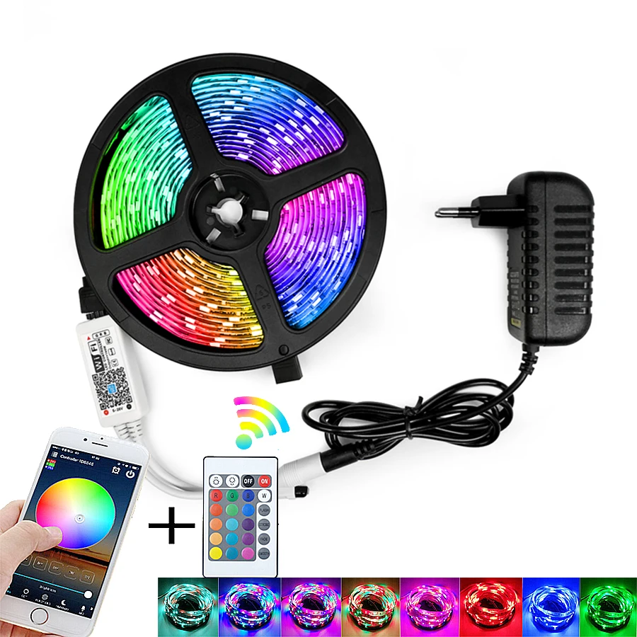 RGB Светодиодная лента светильник SMD 2835 5 м Водонепроницаемая RGB лента 12В лента Диодная Светодиодная лента s светильник Гибкая полоса лампа ИК wifi контроллер