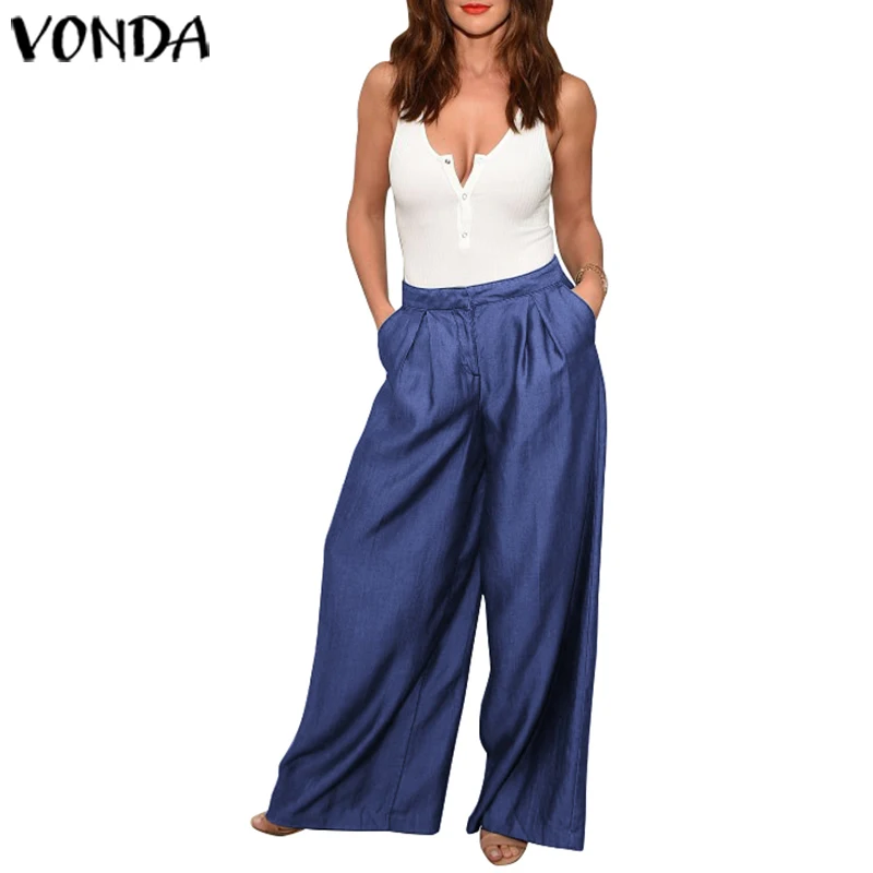 VONDA модные женские брюки весна лето винтажные джинсовые широкие брюки Femme карманы повседневные Мешковатые Свободные Брюки Плюс Размер - Цвет: Blue