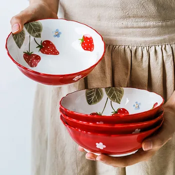 

Household Red Strawberry Bowl Undergalzed Ceramic Salad Bowl Rice Soup Bowl Dinnerware 6 inch Creative dish baking bowl WJ804