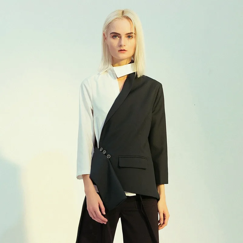 New Retro Modern Fashion Slim Personality Asymmetric Stitching Color Matching Small Suit Temperament British Coat Female