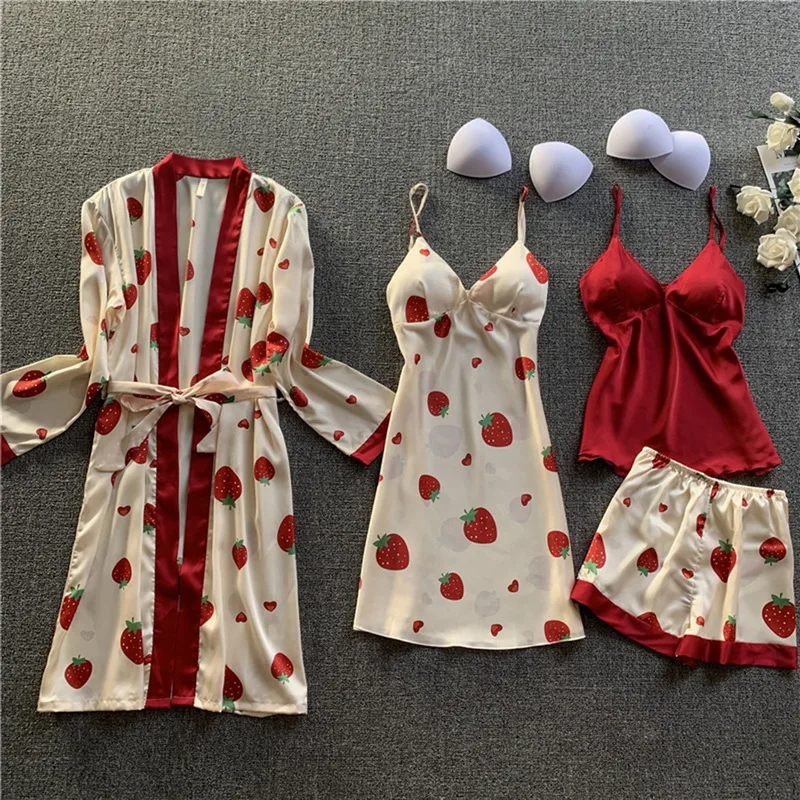 

Oeak Spring Autumn Women Silk Pajamas Sets With Chest Pads Flower Print Pijama Sleepwear 4 Pieces Spaghetti Strap Satin Pyjamas