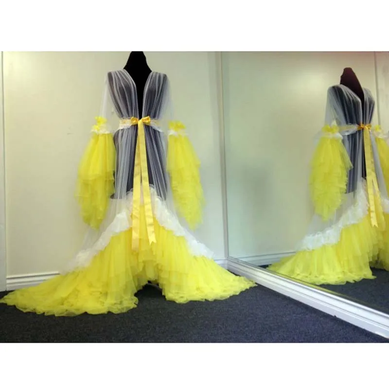 Пышный халат, желтое прозрачное накладное платье, тюль со сборками, макси платье, открытое Пышное праздничное платье для беременных женщин