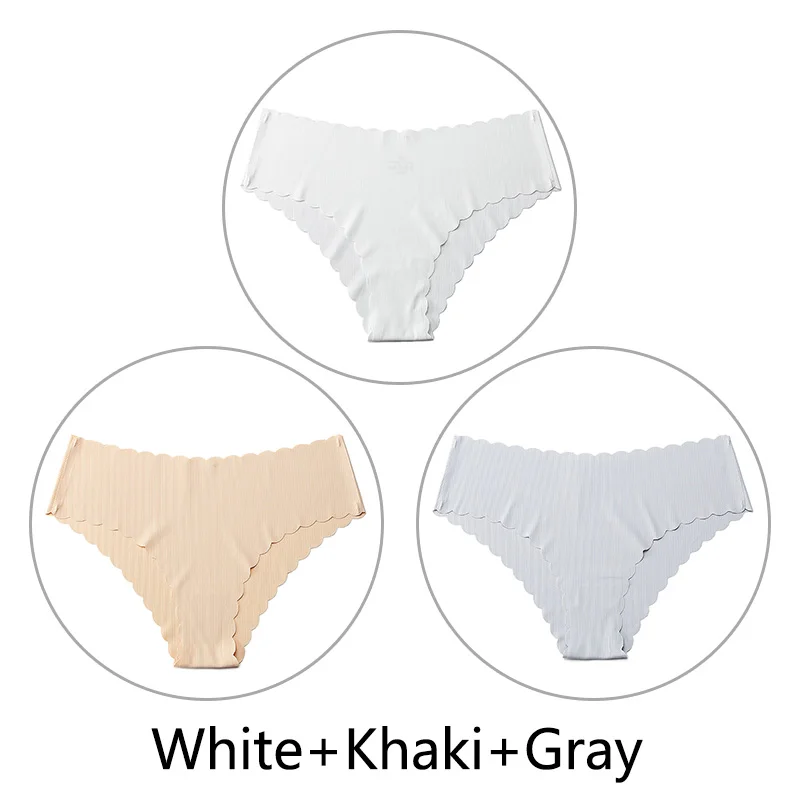 White Khaki Gray 3 шт./партия, сексуальные бесшовные трусики с оборками для женщин, полосатые трусы с низкой посадкой, цельное нижнее белье, женское нижнее белье, американский размер xs-l - Цвет: White Khaki Gray