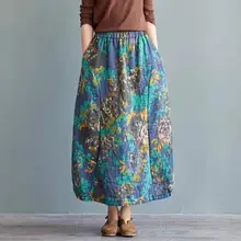 Винтажная юбка в этническом стиле из хлопка и льна, осенне-зимние модели, Женская юбка с эластичной резинкой на талии