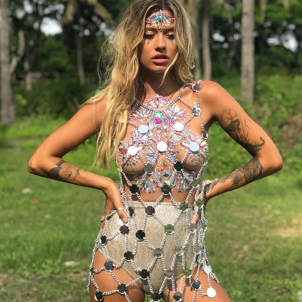 Sexy Sequins Dress Hollow Out Body Chain Metal Beach Bikini Top Cage Waist Belt Harness Boho Plus Size Women Jewelry Fashion