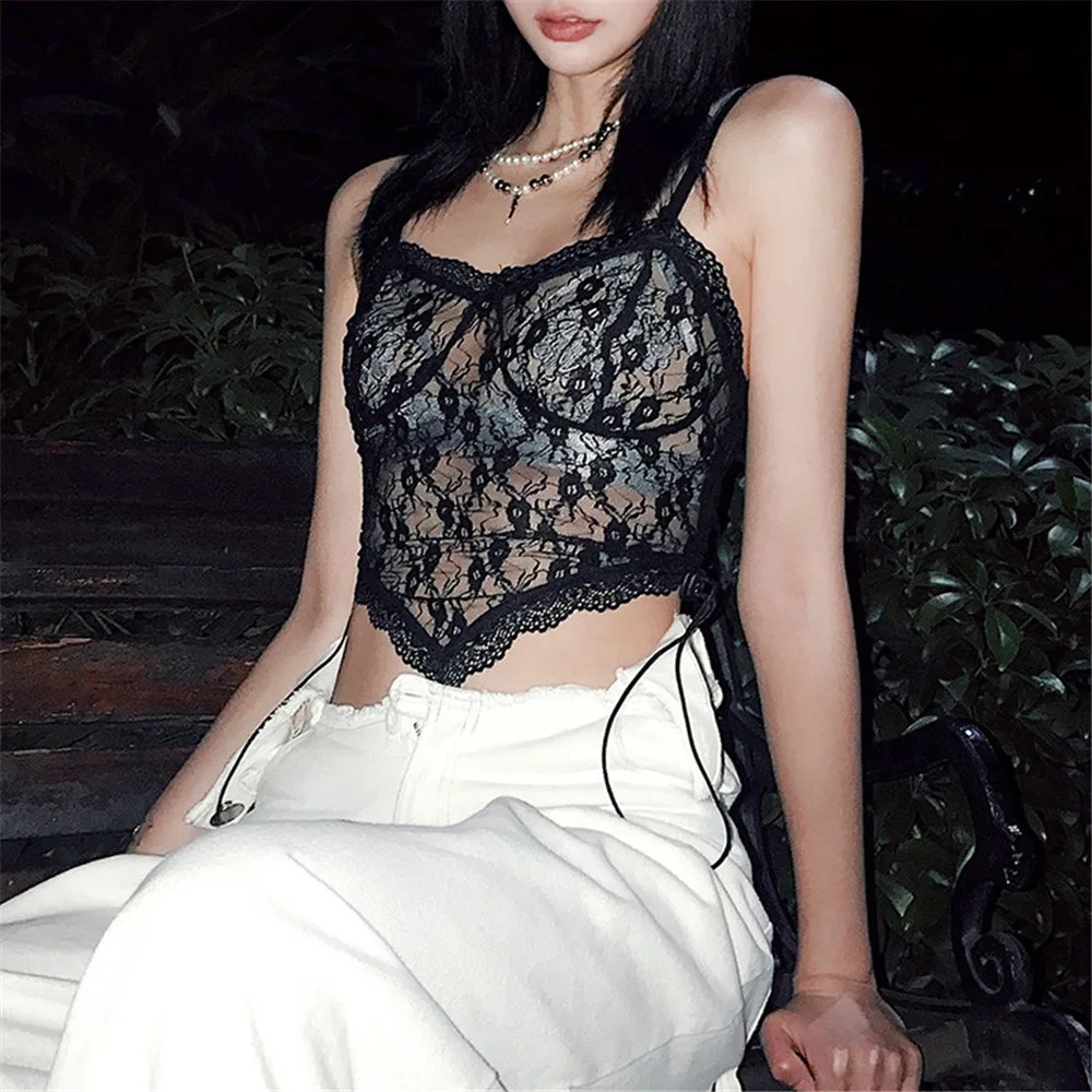

Women Floral Lace Bodycon Crop Top Camisole Sexy V-Neck Perspective Spaghetti Strap Backless See-Through Tanks Nightclub Party