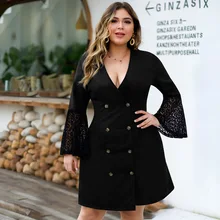 Дизайн, Европейский и американский стиль, стиль, двубортное кружевное платье с длинным рукавом, глубокий v-образный вырез, большой размер, платье трапециевидной формы