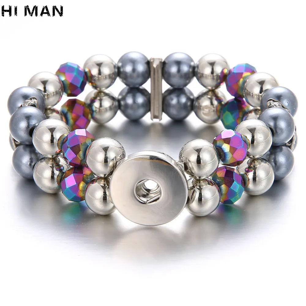 New Fashion 18mm Snap Button Jewelry Bracelet Women Pearl Double Layer Adjustable Beads &amp Bangle diy Rainbow | Украшения и