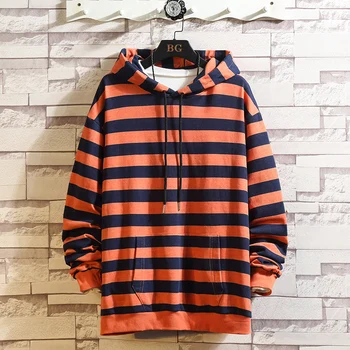 

Japan Style Casual O-Neck 2020 Spring Autumn Striped Hoodie Sweatshirt Men'S Thick Fleece Hip Hop High Streetwear Clothes