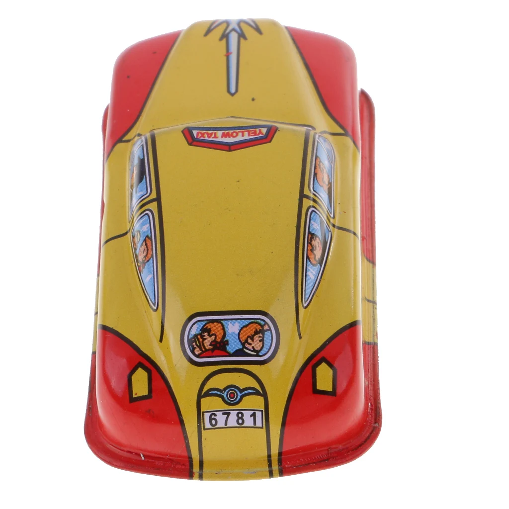 2 Pieces: Vintage Metalwork Taxi Car & Police Car Model Wind-up Running Clockwork Tin Toy Collectibles