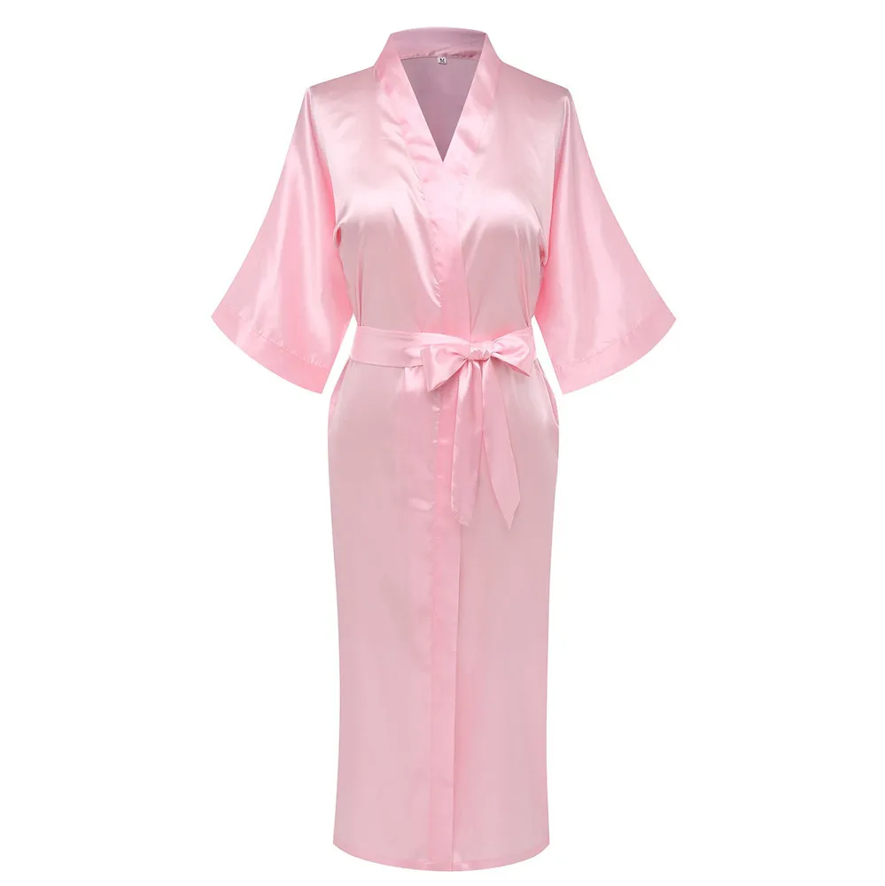 Элегантный однотонный розовый женский свадебный халат изысканный пояс кимоно халат повседневное мягкое атласное ночное белье Ночная рубашка домашняя одежда