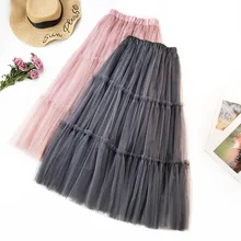 Женские Асимметричные тюлевые юбки Эластичная Высокая талия сетчатая юбка-пачка со складками Длинная Юбка-миди Saias Faldas Jupe Femmle