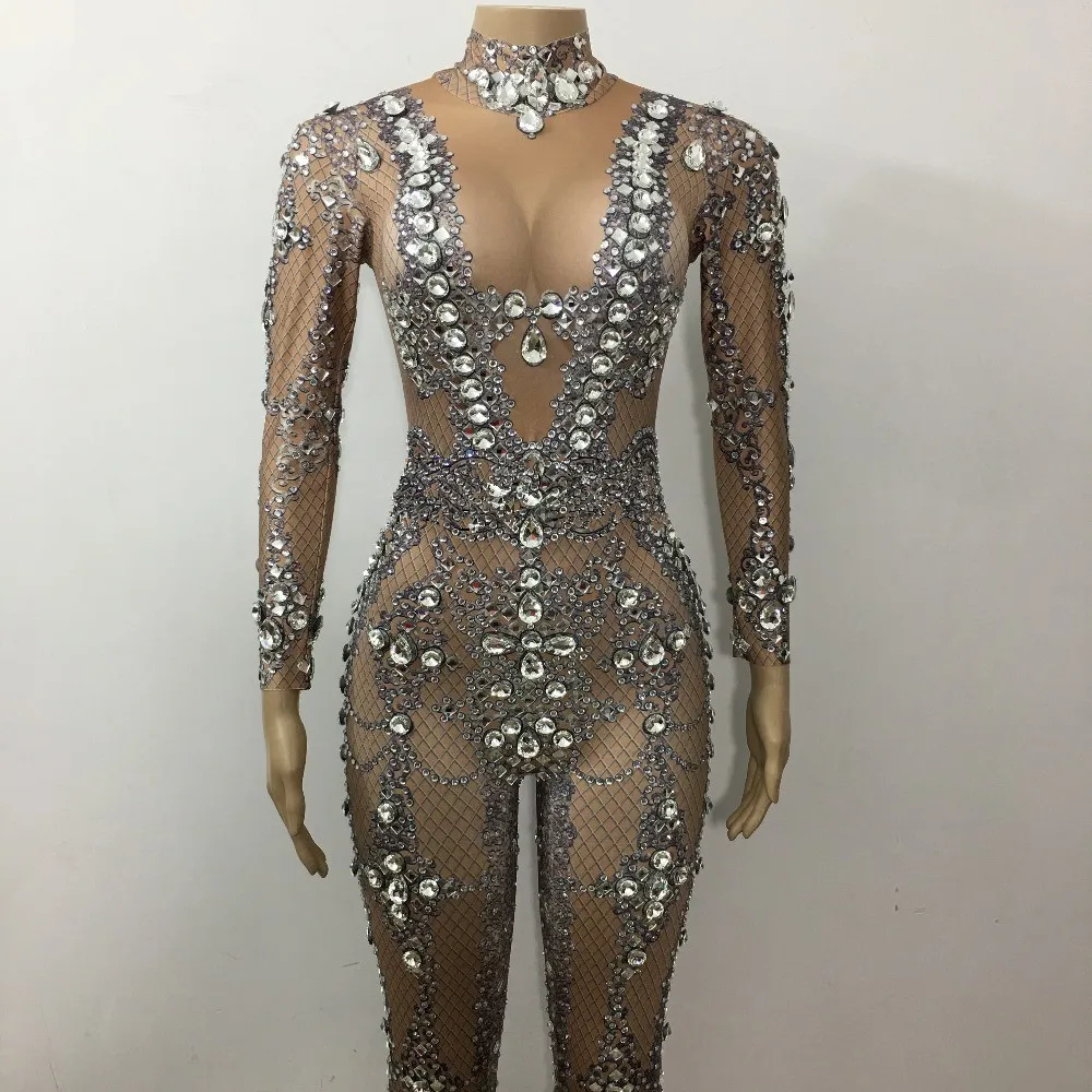 Sparkly Crystals Jumpsuit Big Rhinestones Stretch Bodysuit Performance Women's Birthday Celebrate luxurious Sexy Costume Wear