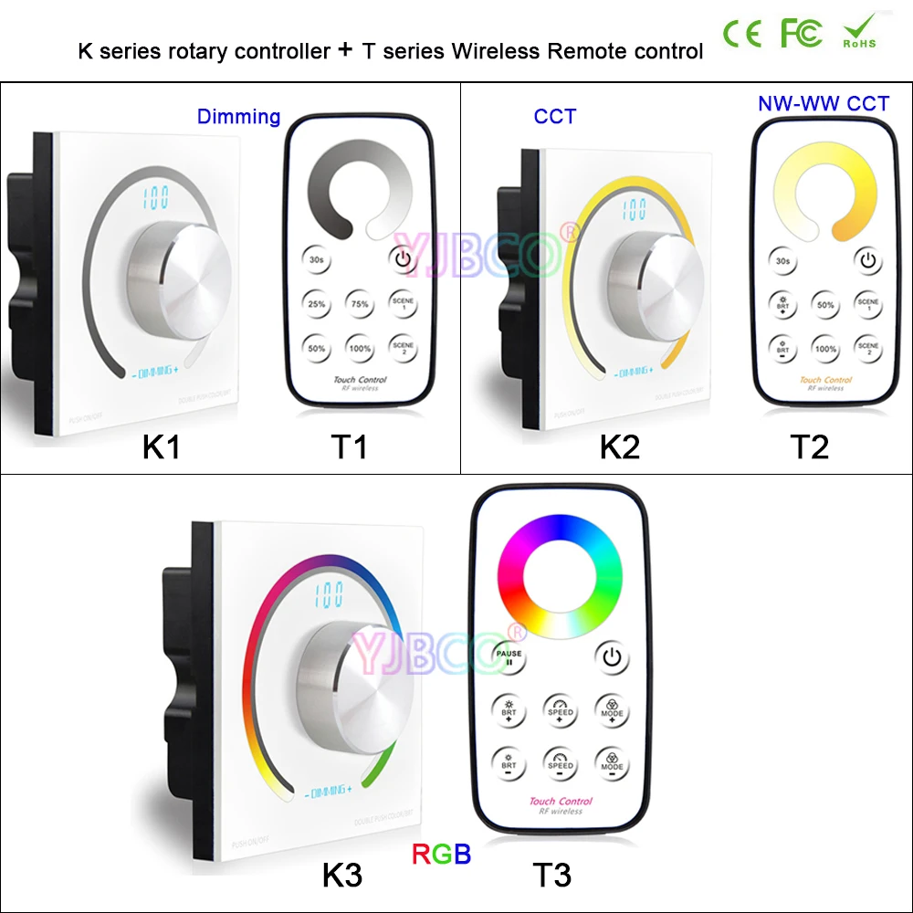 

BC Switch knob Wall-mounted led single color/CCT/RGB Rotary Dimmer controller & Wireless Remote for led stirp light,DC12V-24V