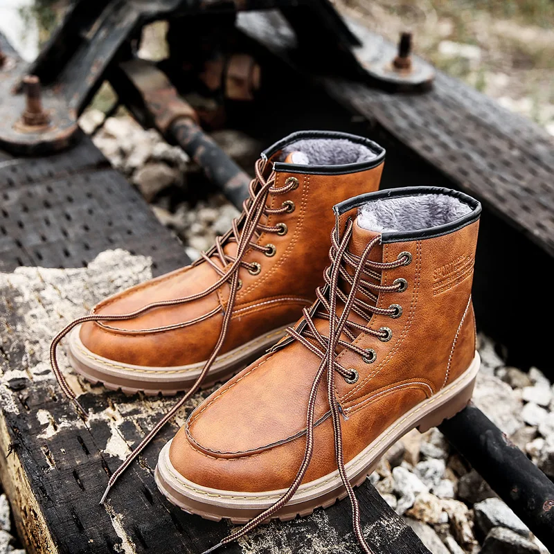 

Men Boots Leather Safety Shoes Zapatos De Hombre Winter Boots Men Motocycle Warm Snow Boots Platform Casual Shoes Botas VII