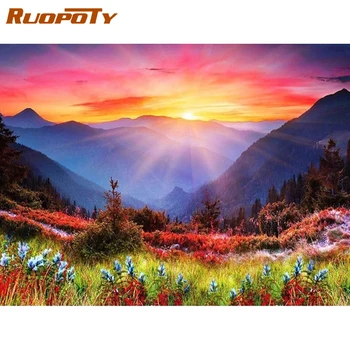 

RUOPOTY Frame Picture Sunset Diy Painting By Number Mountain Coloring By Numbers Acrylic Canvas Painting Handpainted Drawing Art