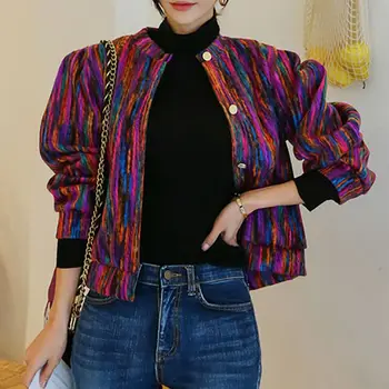 

casual style coat warm round neck full sleeve fashion color matching loose lady coat