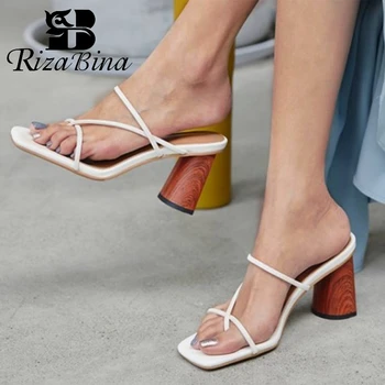 

RIZABINA Women Sandals Shoes Fashion Real Genuine Leather Slippers Shoes Women Special Strange High Heels Footwear Size 33-40