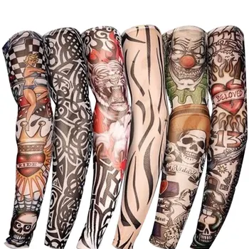 

2 Pcs New Nylon Elastic Fake Temporary Tattoo Sleeve Designs Body Arm Stockings Tattoos for Cool Men Women NIN668