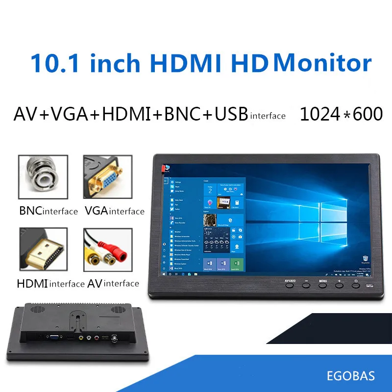 

10.1 Inch HD LCD Monitor IPS Screen Support HDMI VGA AV BNC Best for Home, Office, Vehicle