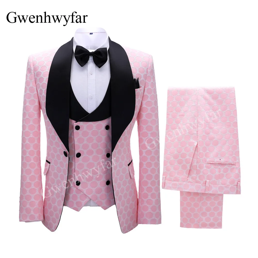 Gwenhwyfar New Polka Dot Suit for Men Made Shawl Lapel Blazer Vest with Pants Fashion Wedding Tuxedos Groomsmen Wear mens suit