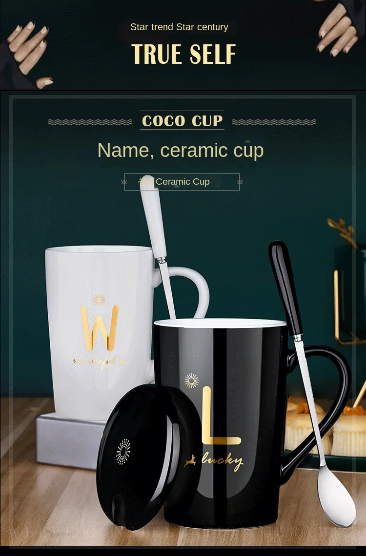 canecas de cerâmica criativa carta padrão canecas com tampa colher verde ouro leite xícara café marca drinkware novidade presentes