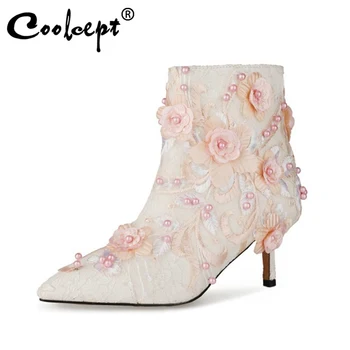 

Coolcept Size 34-45 Wedding Women Ankle Shoes Zipper Thin Heel Pointed Toe Shoes Embroider Flower Women Fashion Footwear