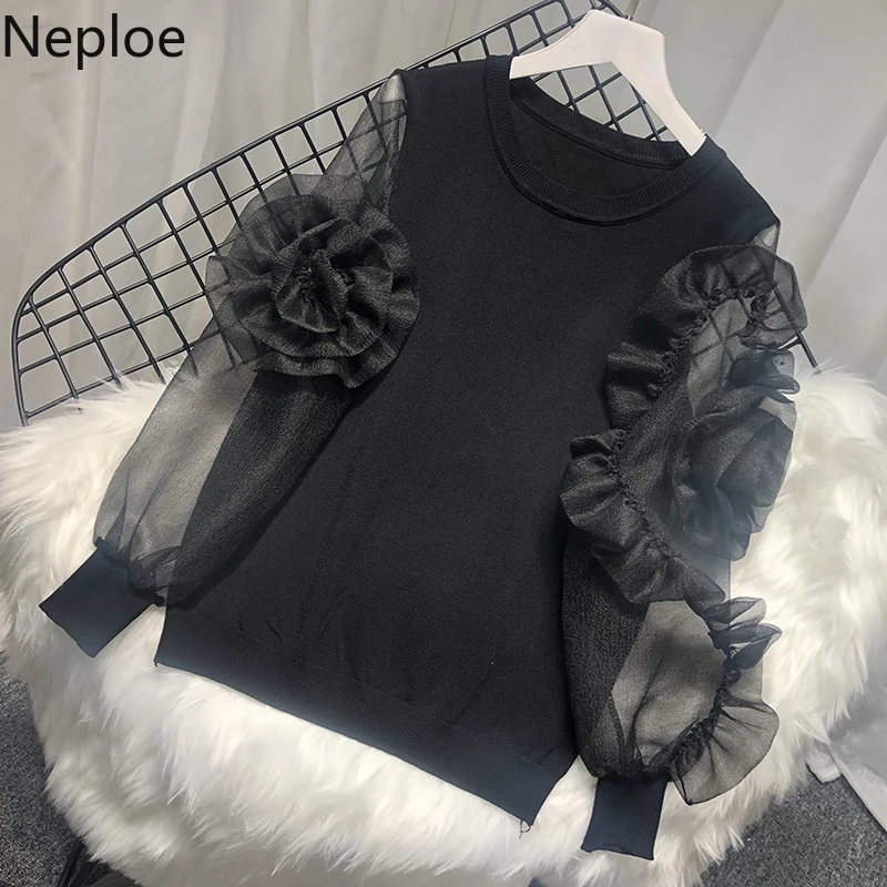 Neploe, шикарный женский пуловер, свитер, осень, Модный рукав-фонарик, тянущийся вязаный женский топ, 3D цветок, тюлевые свитера 91196