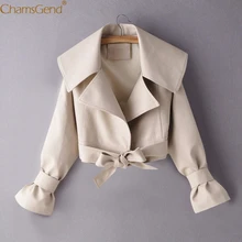 Новейшие дизайнерские предложения Для женщин большой отворот кожаная куртка с длинными рукавами куртка с открытым воротом, с поясом, для девочек женская уличная 9814