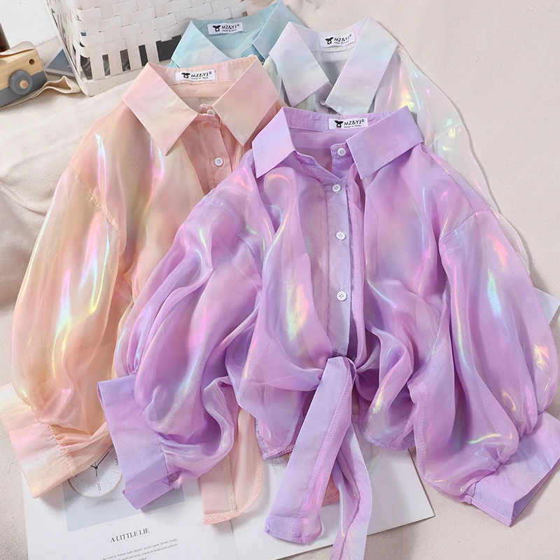 

HELIAR Women Shining Sparkles Shirts Long Sleeve Button Up Chiffon Shirts Transparent Sexy Blouses For Women 2020 Autumn