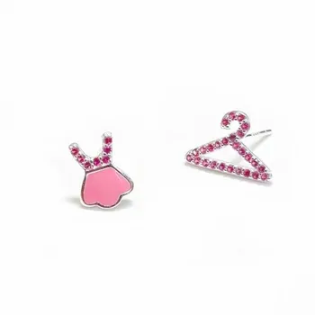 

New Arrival Fashion Cute Asymmetric Dress Hanger 925 Sterling Silver Jewelry Creative Cute Pink Crystal Stud Earrings SE937