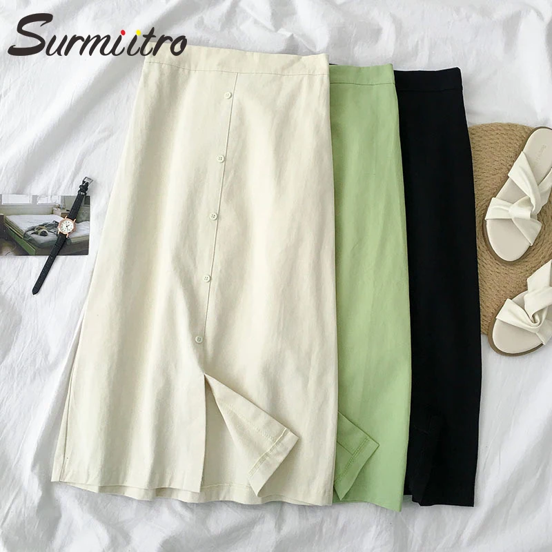 

Surmiitro Cotton Midi Skirt Women 2019 Fashion Ladies Korean Split High Waist White Black Green A Line Skirt Female